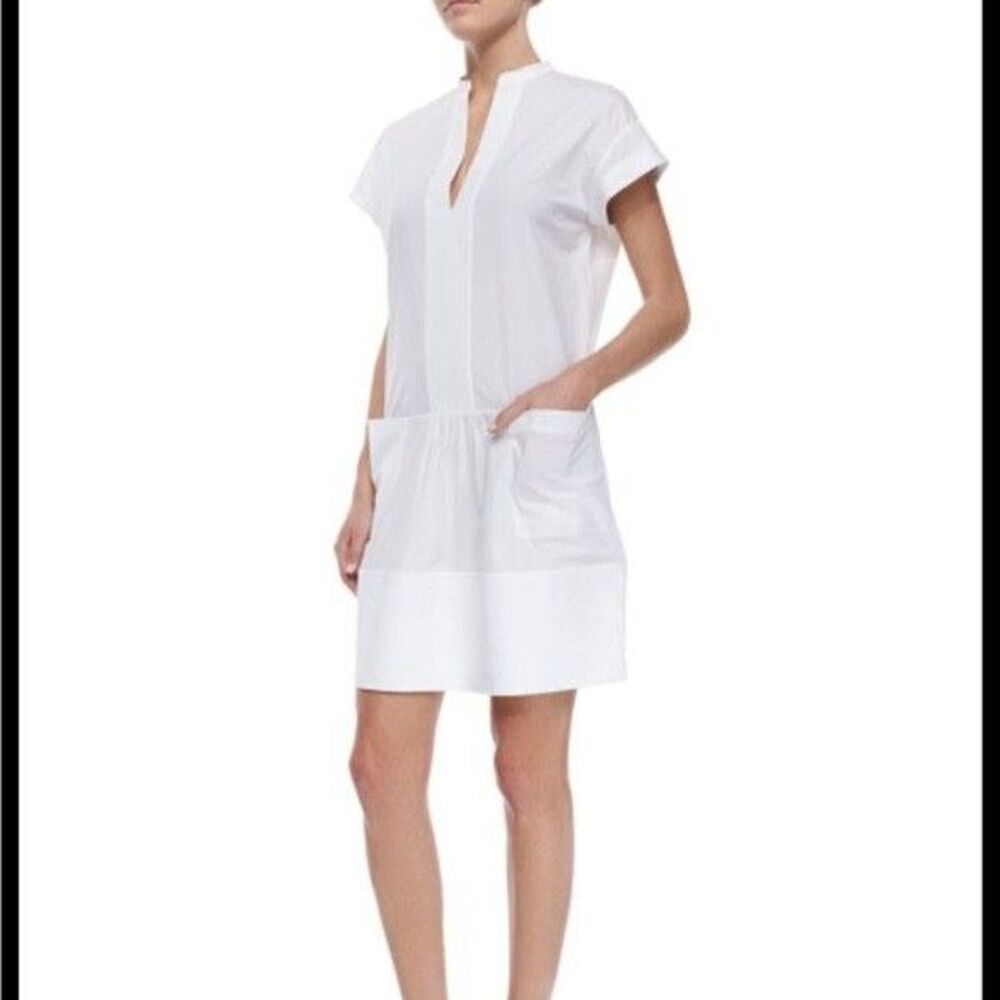 VINCE women Short Mini Poplin Shift Dress sz Small White Cotton Smocked Hem $425